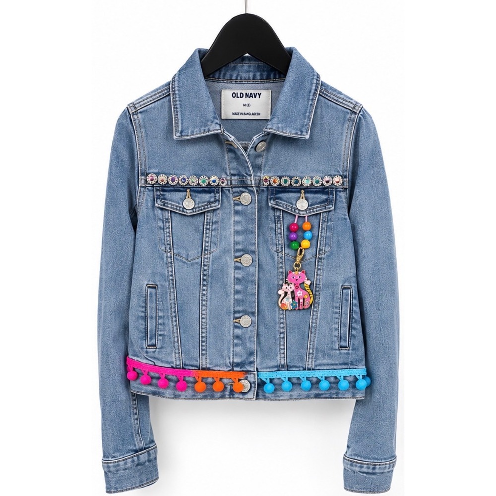 Old Navy Girls Denim Jacket Custom Hand Decorated Kitten Applique Blue Medium 8